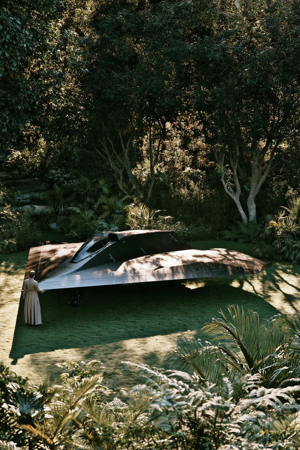 The FS-45 parked on a lawn under trees, a person standing at its wingtip.