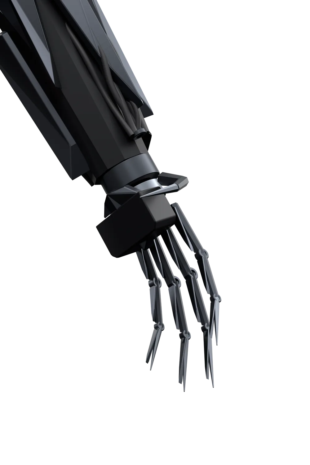A mechanical hand, black, its fingers split into narrow blades.
